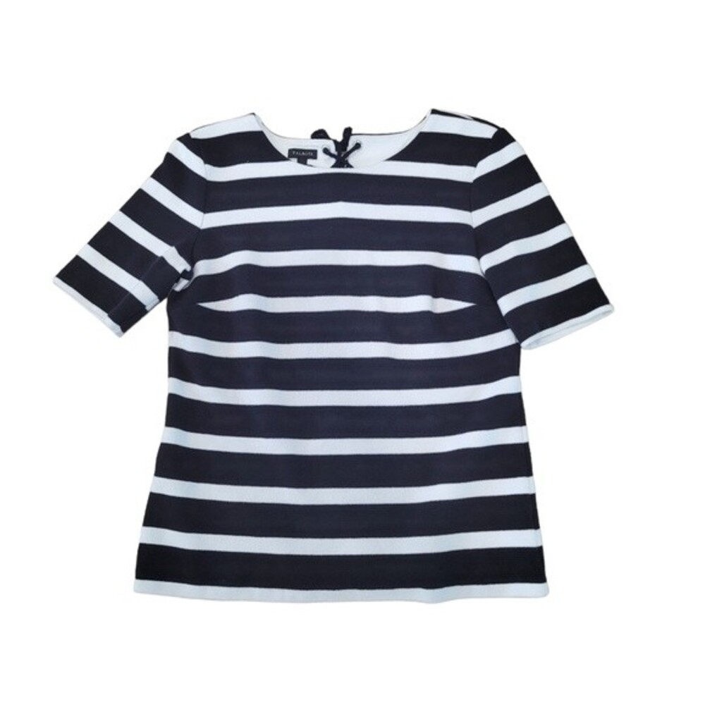 Talbots Womens Black‎ White Stripe Textured Lace Up Back Ponte Knit Shirt S